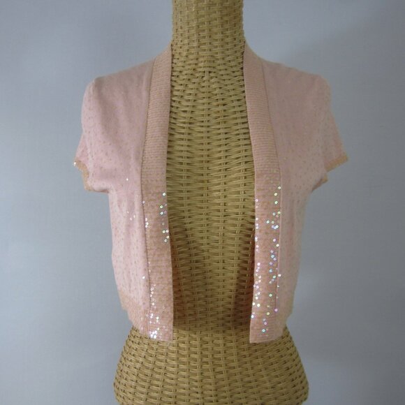 New bcbg maxazria Womens M Pastel Peach Pink Silk Sequined Cap Sleeve Shrug - Picture 6 of 9